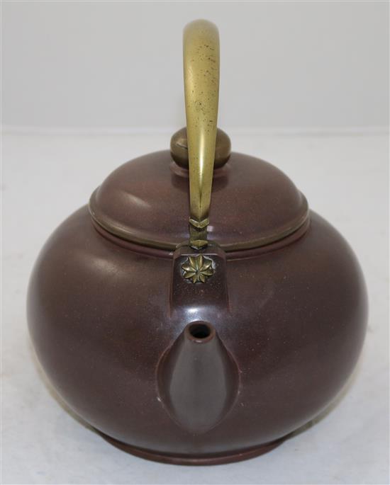 A large Yixing polished pottery and bronze mounted globular teapot and cover, c.1900, height 12cm